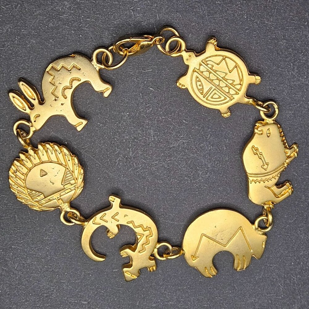 Southwest Style Bracelet Gold Tone Geometric Stamped Animals Turtle Rabbit Bear